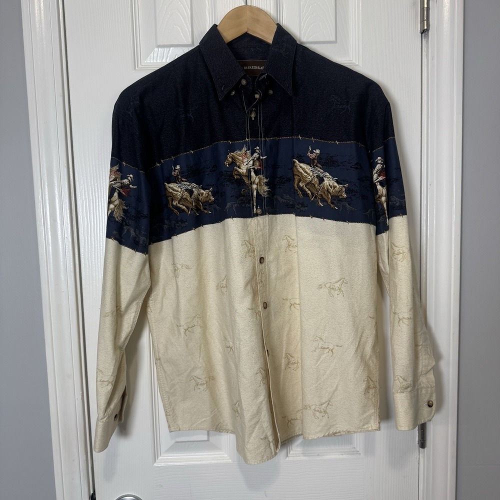 Bit & Bridle Tri Color Cowboy Rodeo Long Sleeve Button Down Shirt Men's Size L - Picture 1 of 5